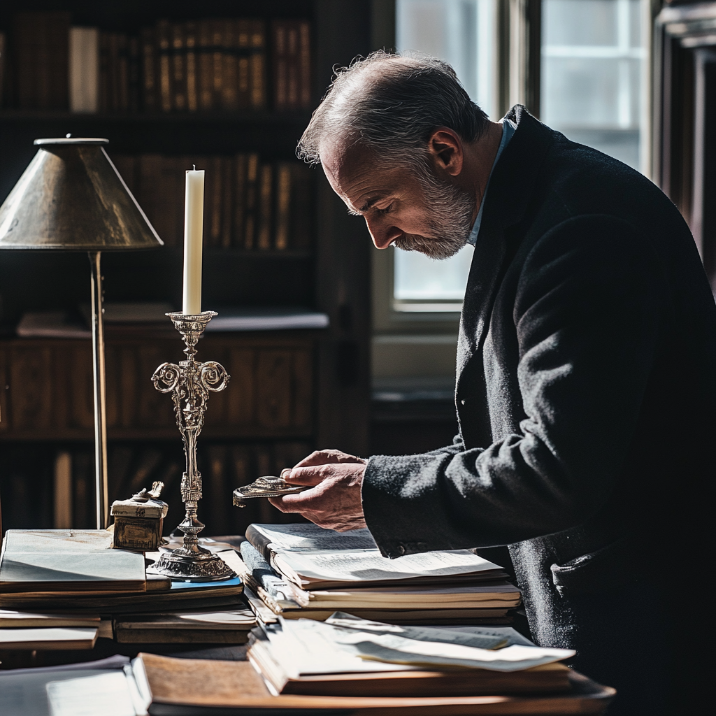 Professional antique appraiser examining a silver candlestick for valuation