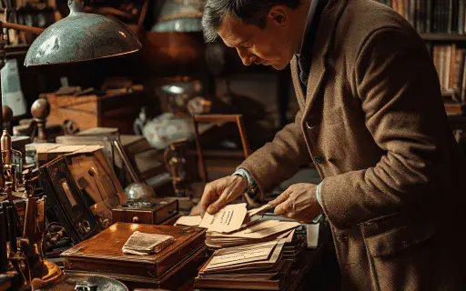 Antique pricing guide with dealer examining vintage items