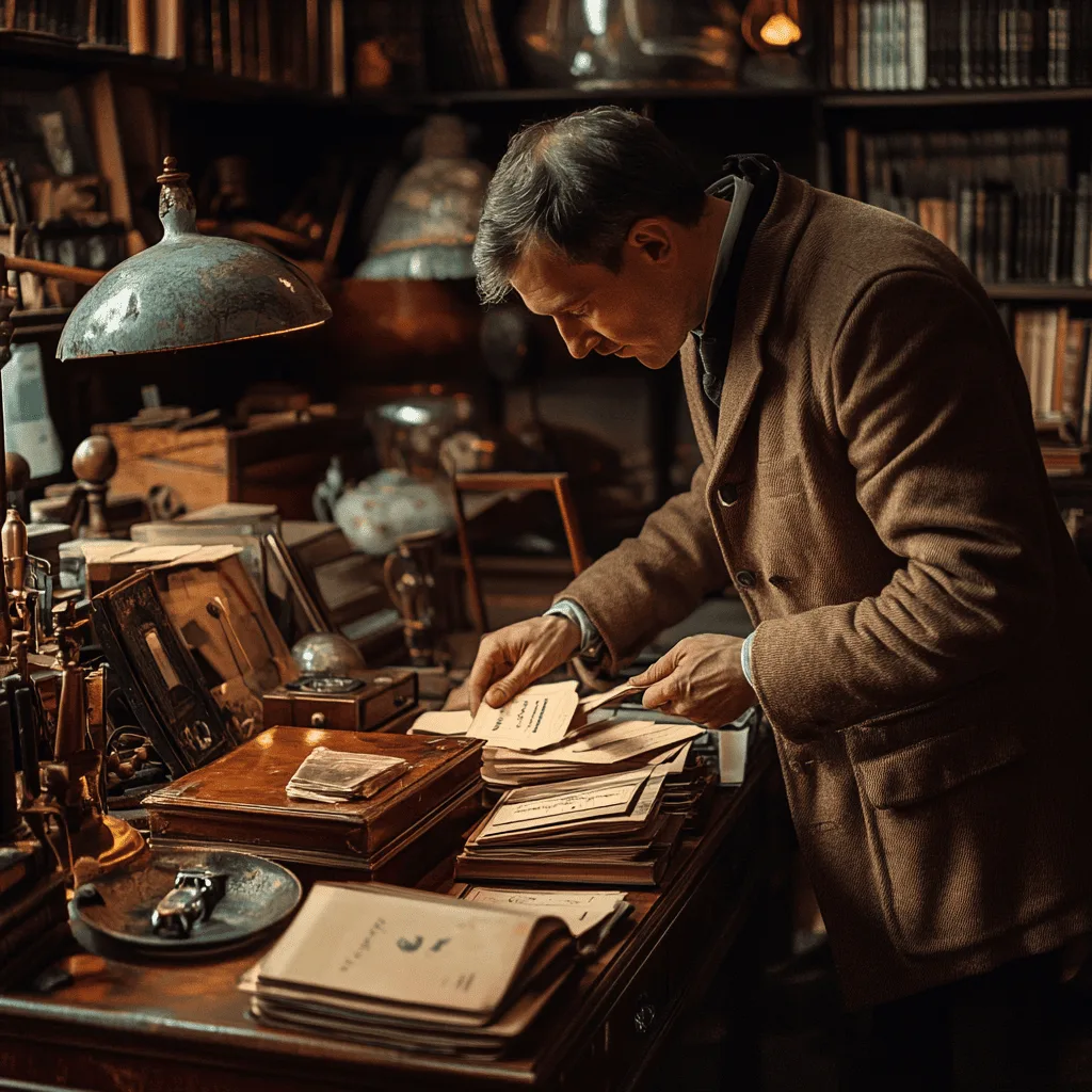 Antique pricing guide with dealer examining vintage items
