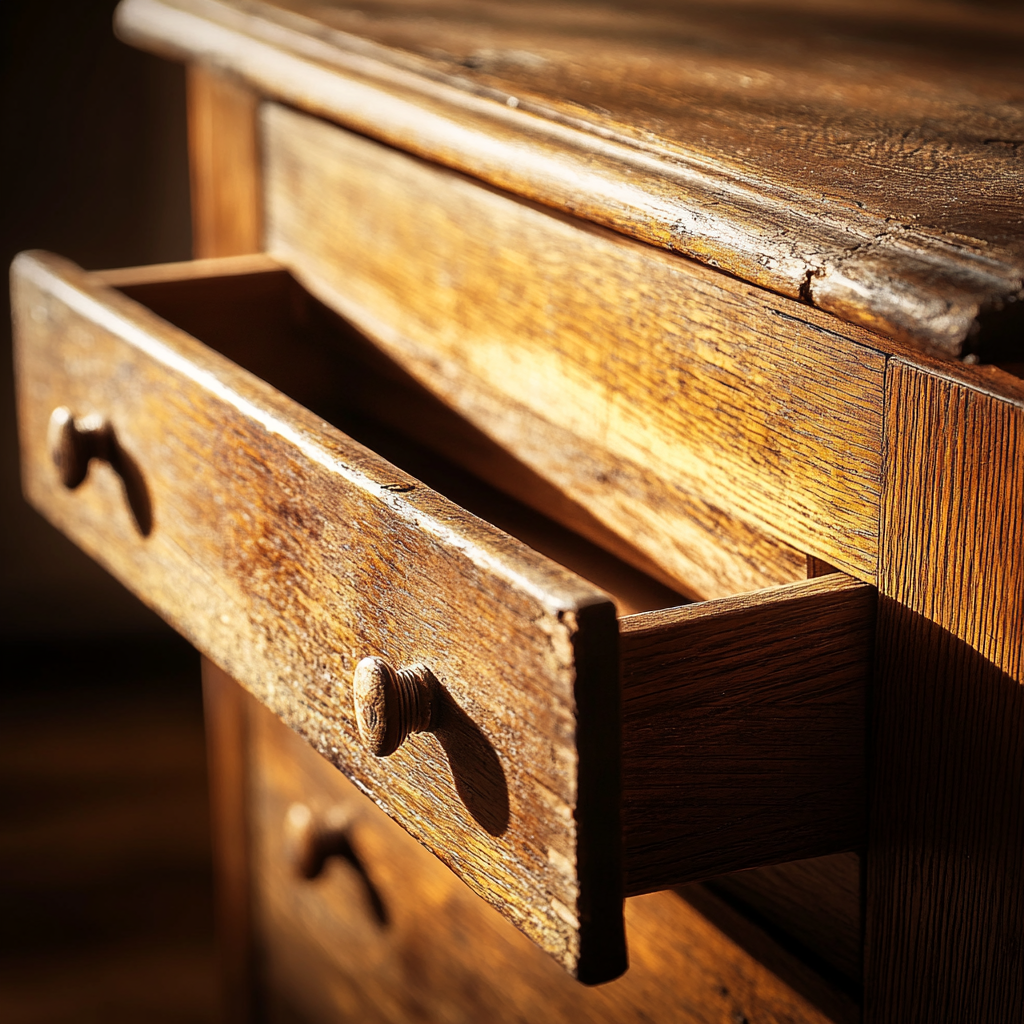 Hand-cut dovetail joints on an antique wooden drawer indicating period craftsmanship