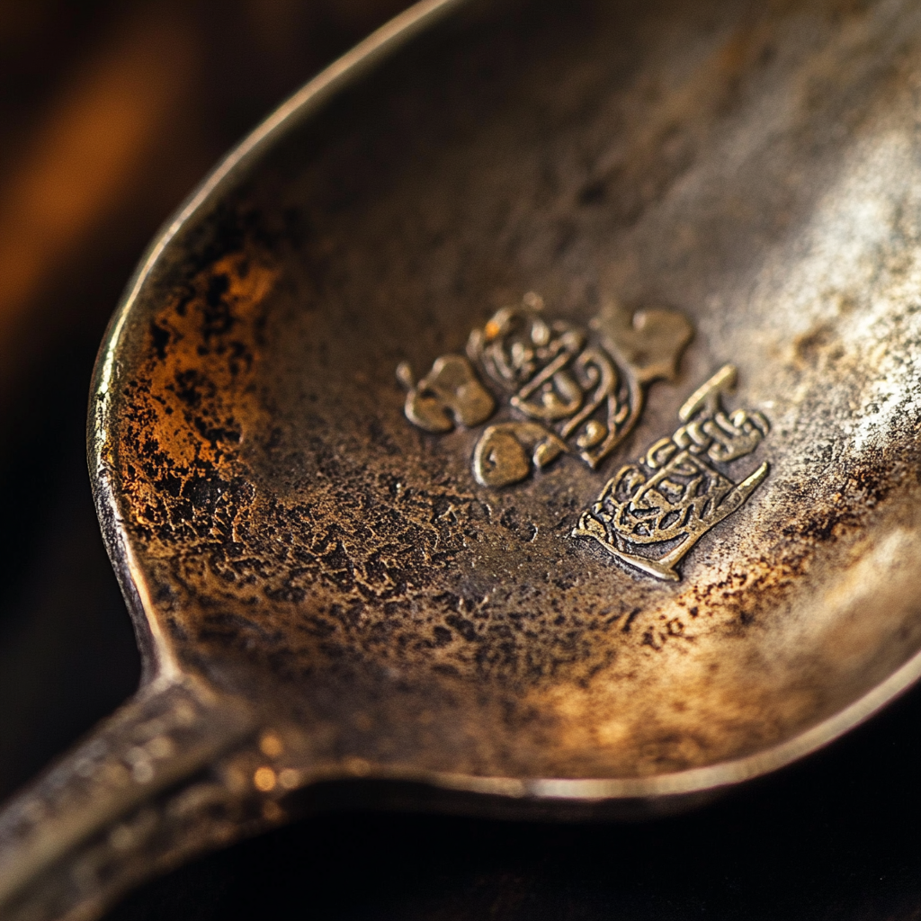 British silver hallmarks stamped on the back of an antique spoon