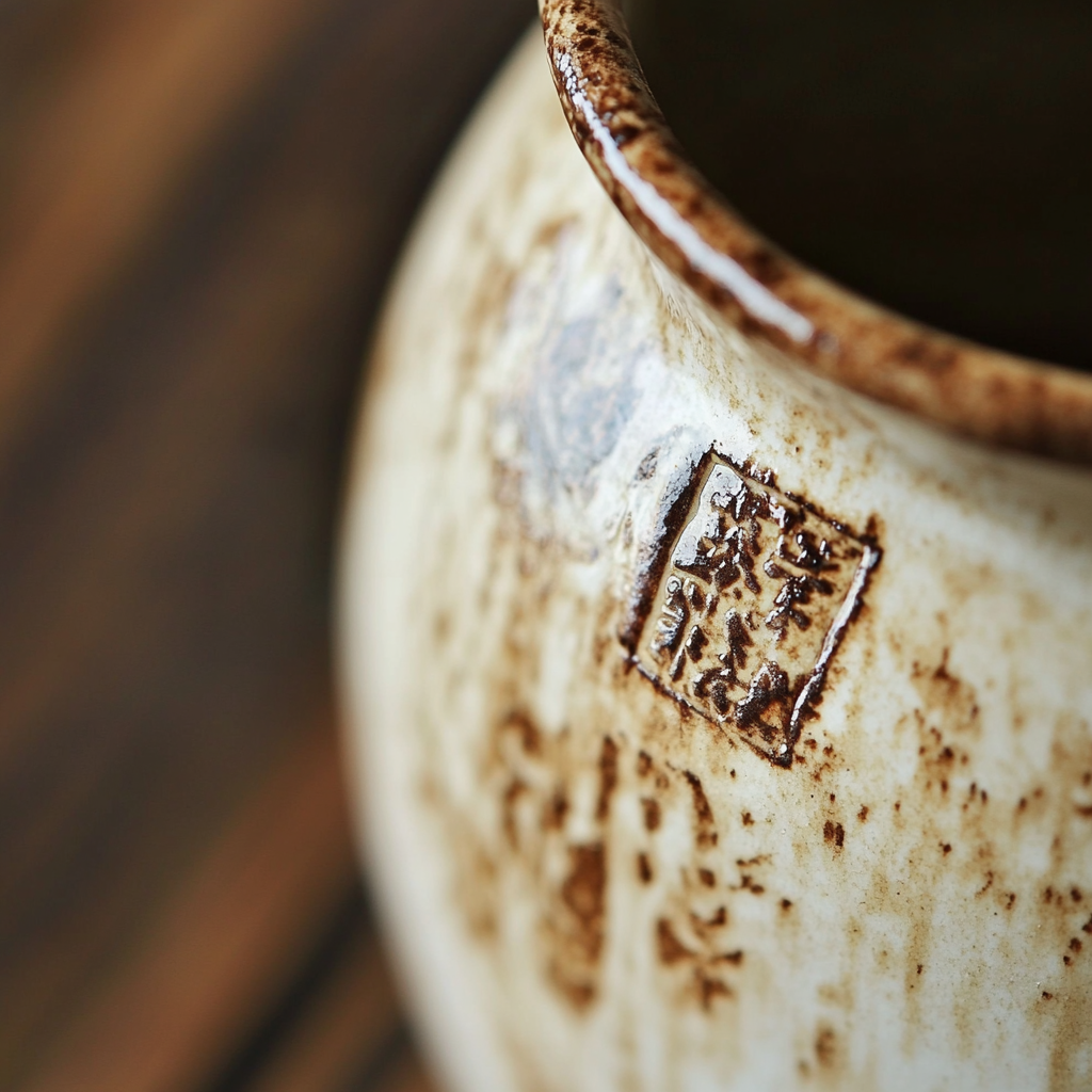 Close-up of a maker's mark on the bottom of an antique porcelain vase