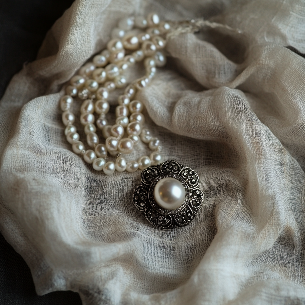 Antique jewelry pieces including brooch, ring and necklace awaiting professional valuation