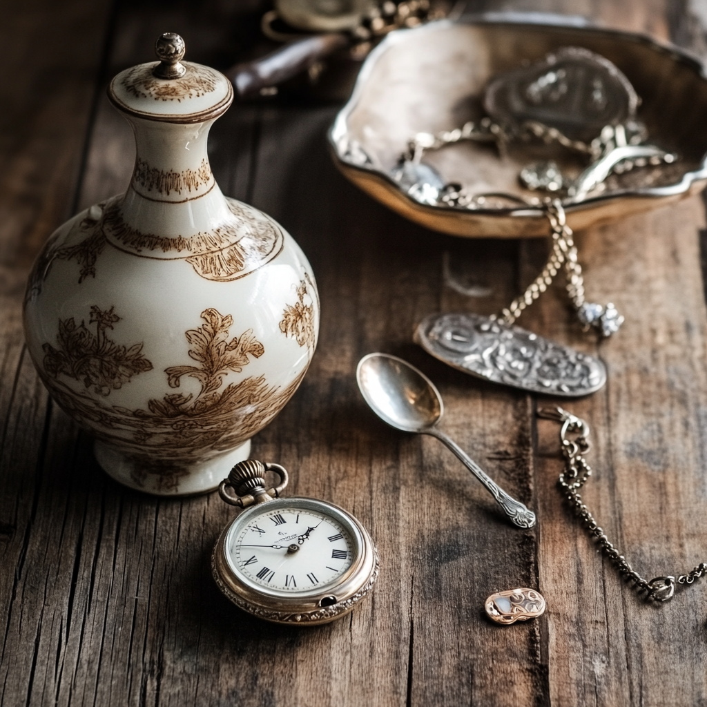 Assorted antiques laid out on a wooden table for identification