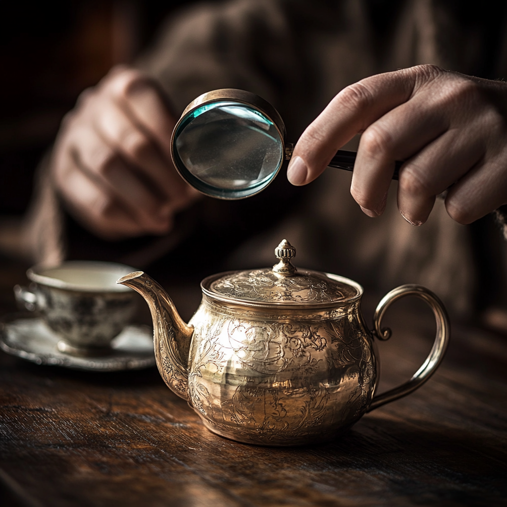 Person examining an antique silver teapot with a magnifying glass