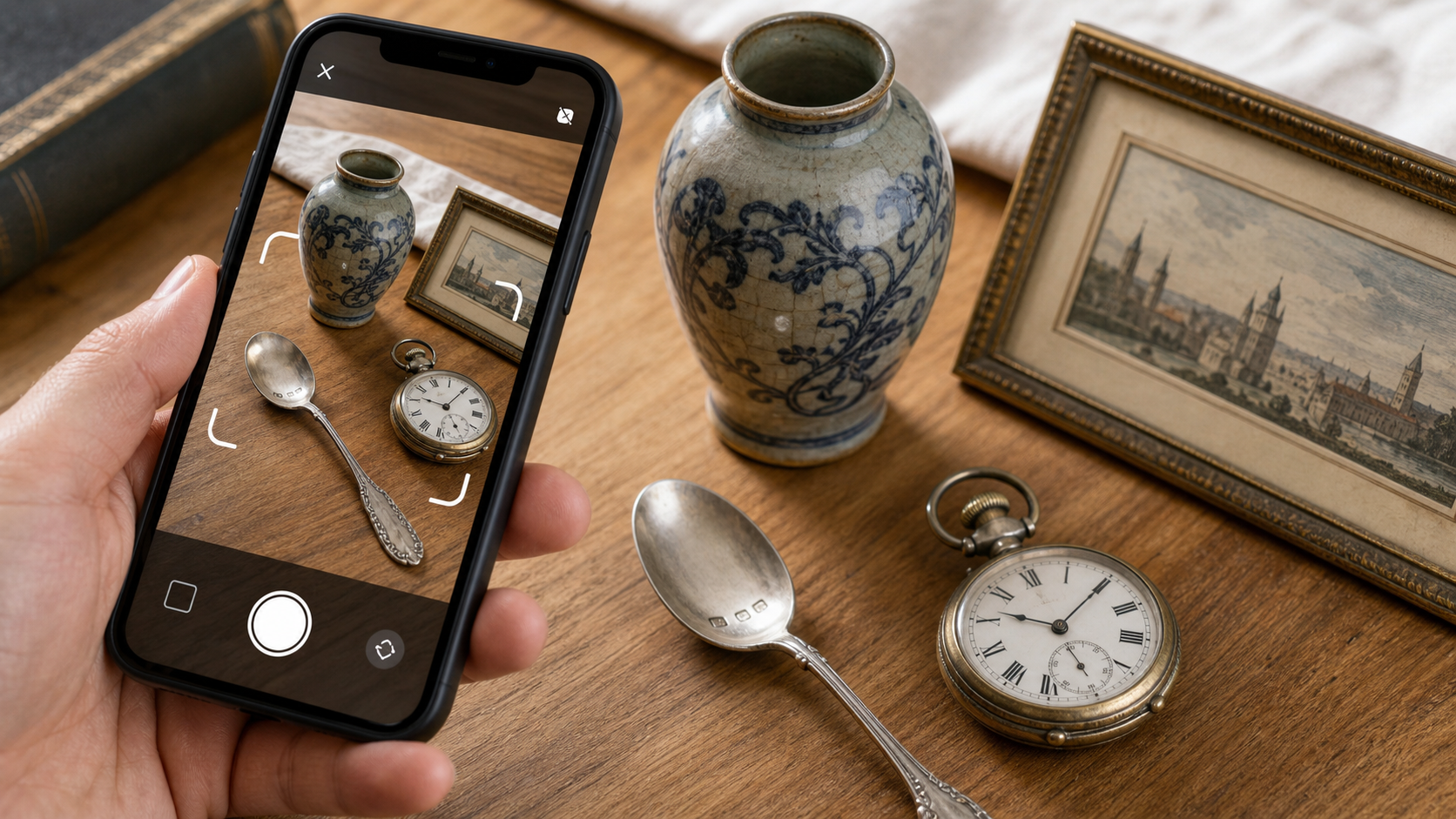 Antique identifier app scanning a vase, silver spoon, watch, and framed print for identification