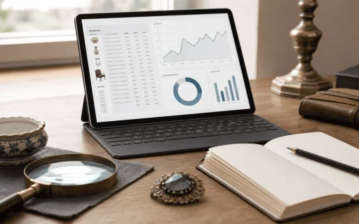 Antique price guide online research with sold prices, marks, and vintage objects on a desk