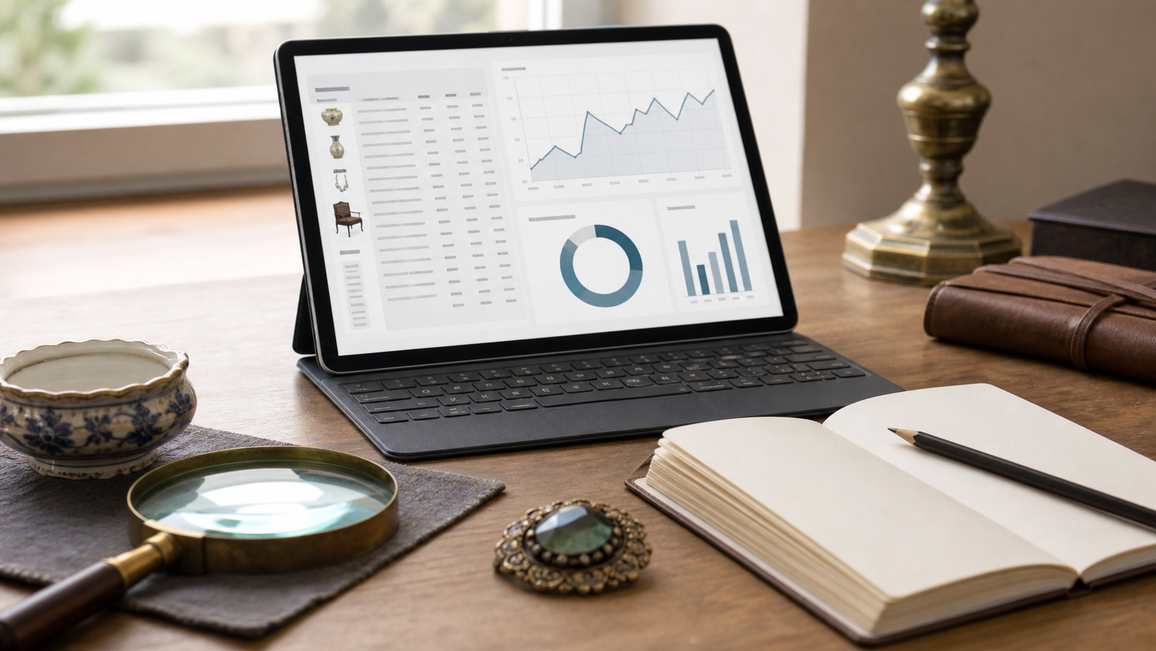 Antique price guide online research with sold prices, marks, and vintage objects on a desk