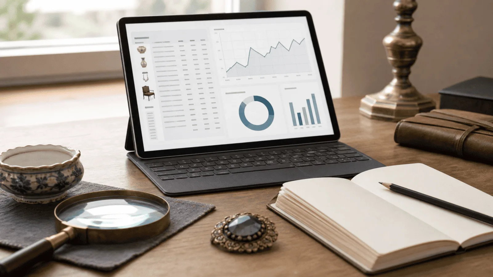 Antique price guide online research with sold prices, marks, and vintage objects on a desk