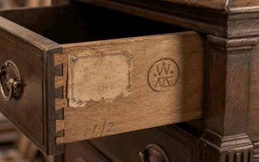 Furniture maker marks on the underside of an antique drawer with labels, stamps, and dovetail joints