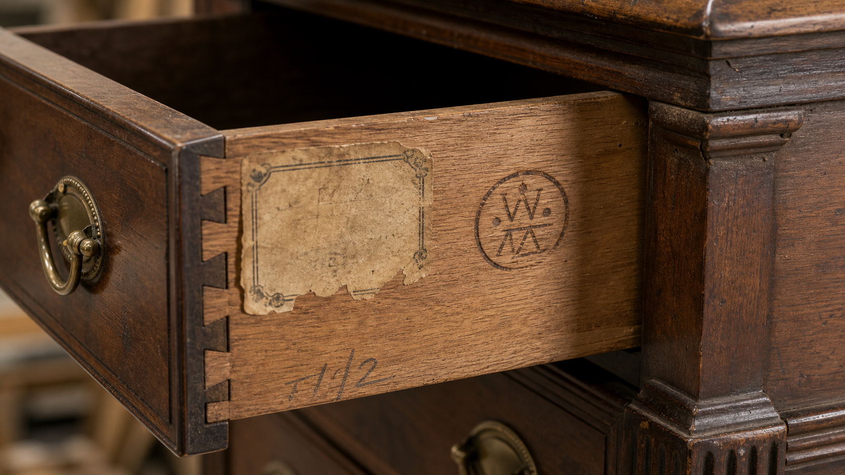 Furniture maker marks on the underside of an antique drawer with labels, stamps, and dovetail joints