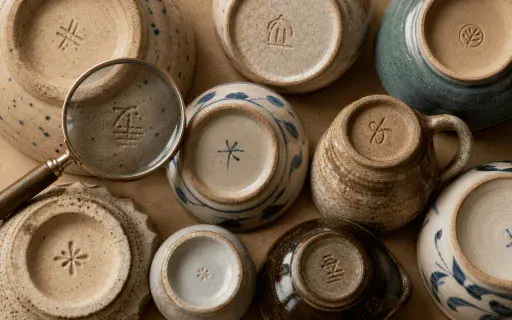 Pottery marks identification close-up of ceramic backstamps, impressed numbers, and maker symbols