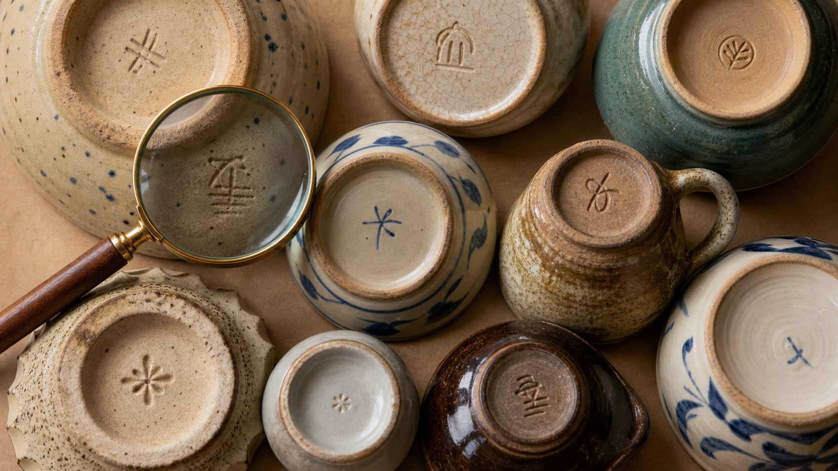 Pottery marks identification close-up of ceramic backstamps, impressed numbers, and maker symbols