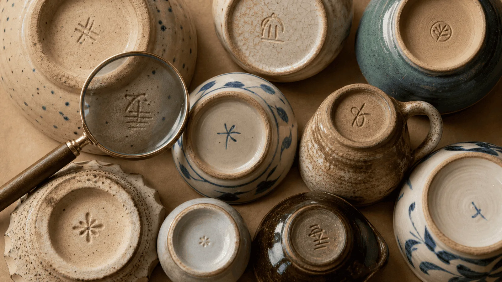 Pottery marks identification close-up of ceramic backstamps, impressed numbers, and maker symbols