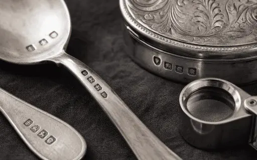 Silver hallmarks identification close-up of sterling marks on antique spoons and a small silver box