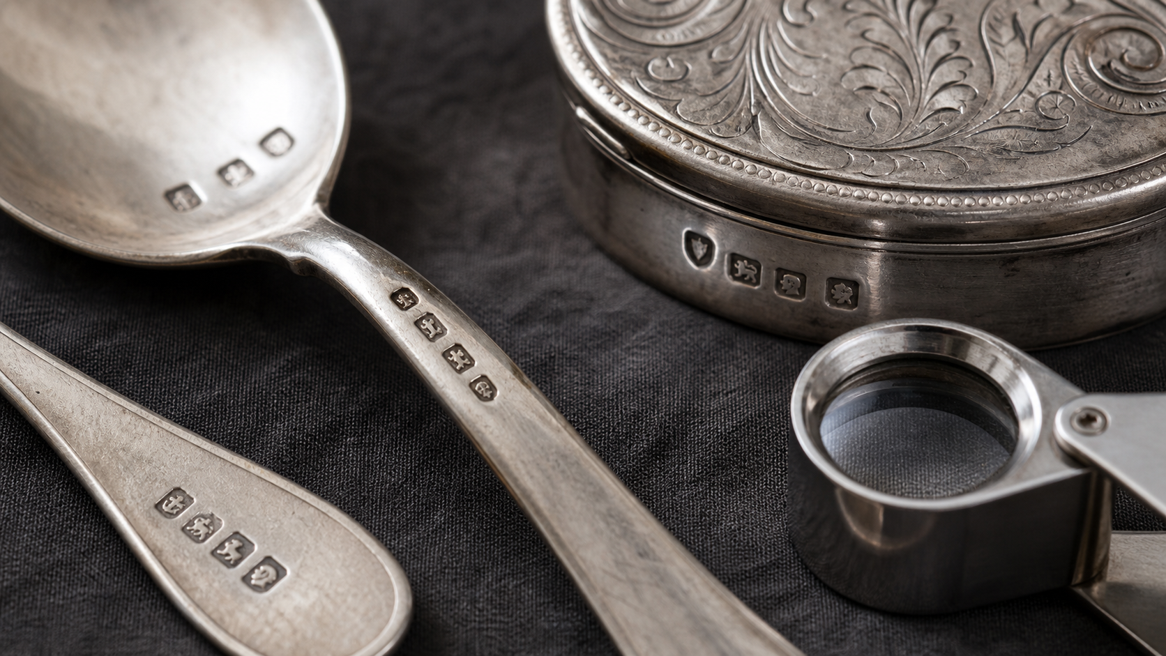 Silver hallmarks identification close-up of sterling marks on antique spoons and a small silver box