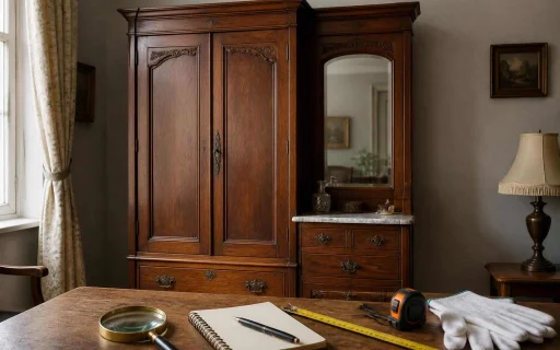 Antique chifferobe with mirror and appraisal tools on a table