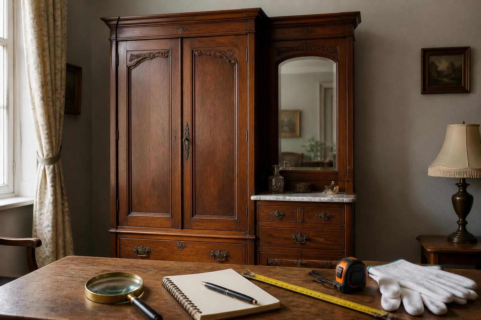 Antique chifferobe with mirror and appraisal tools on a table