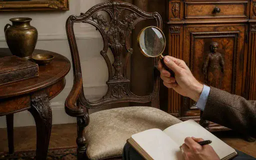 Antique furniture appraisal scene with carved wooden furniture and a magnifying glass