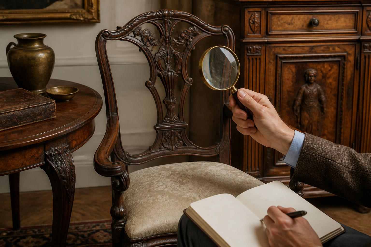 Antique furniture appraisal scene with carved wooden furniture and a magnifying glass