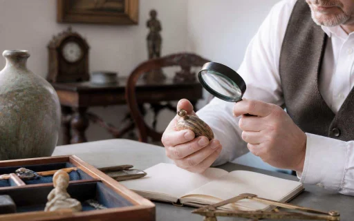 Appraiser examining an antique item with a magnifying glass and notes