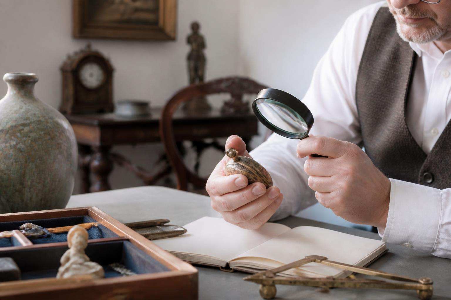 Appraiser examining an antique item with a magnifying glass and notes