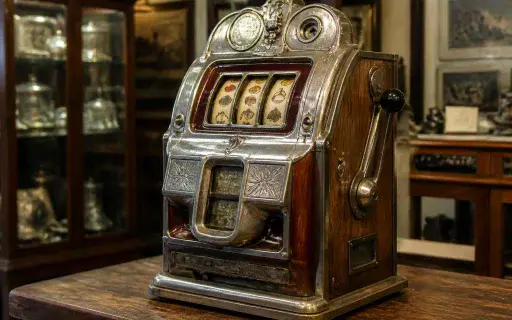 Vintage antique slot machine in an antique shop setting