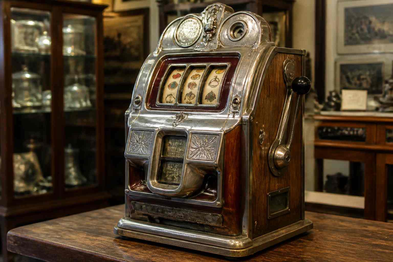 Vintage antique slot machine in an antique shop setting