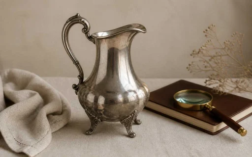 Antique silver pitcher on a neutral surface with appraisal tools nearby