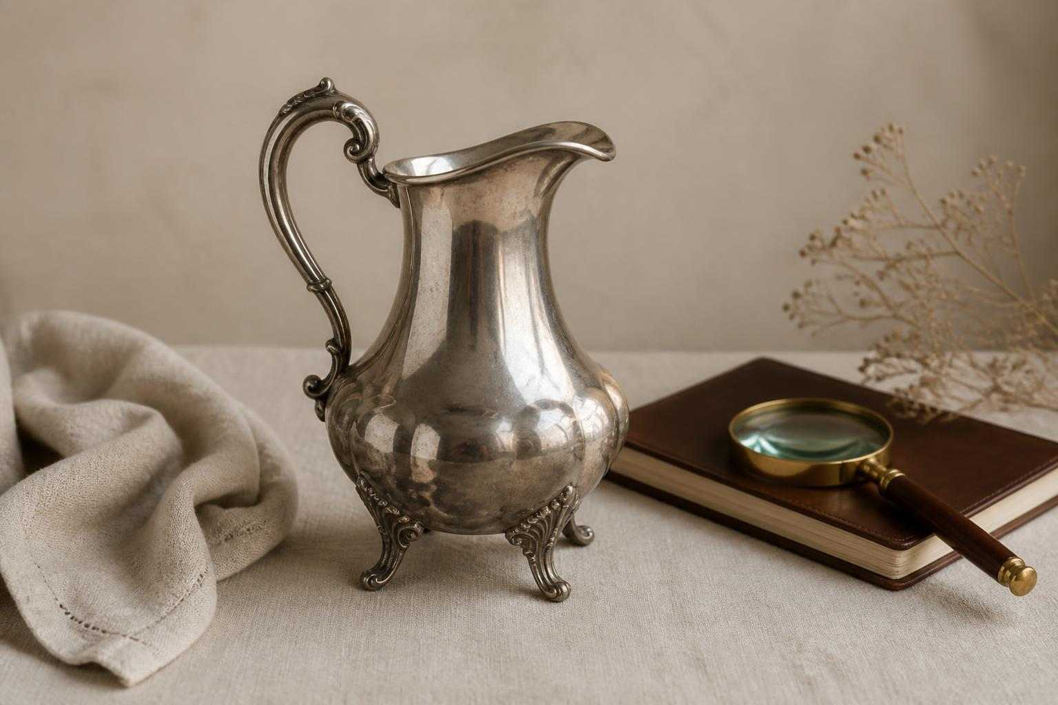 Antique silver pitcher on a neutral surface with appraisal tools nearby