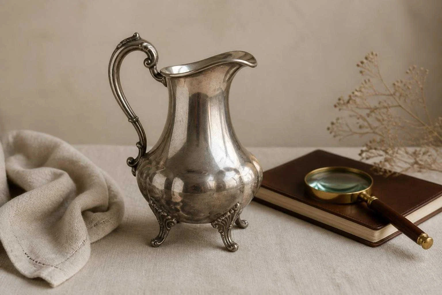 Antique silver pitcher on a neutral surface with appraisal tools nearby