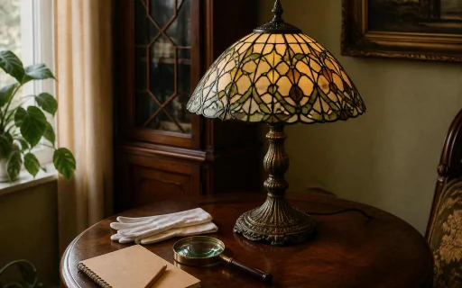 Antique stained-glass lamp with appraisal tools on a table