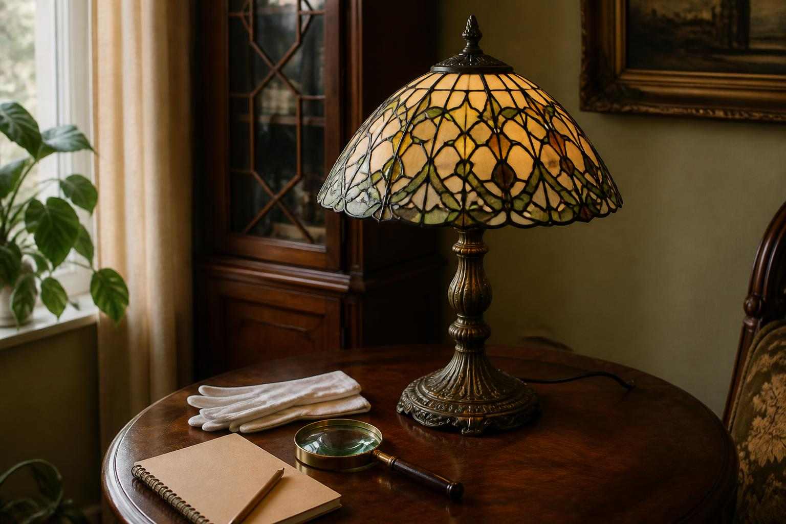 Antique stained-glass lamp with appraisal tools on a table