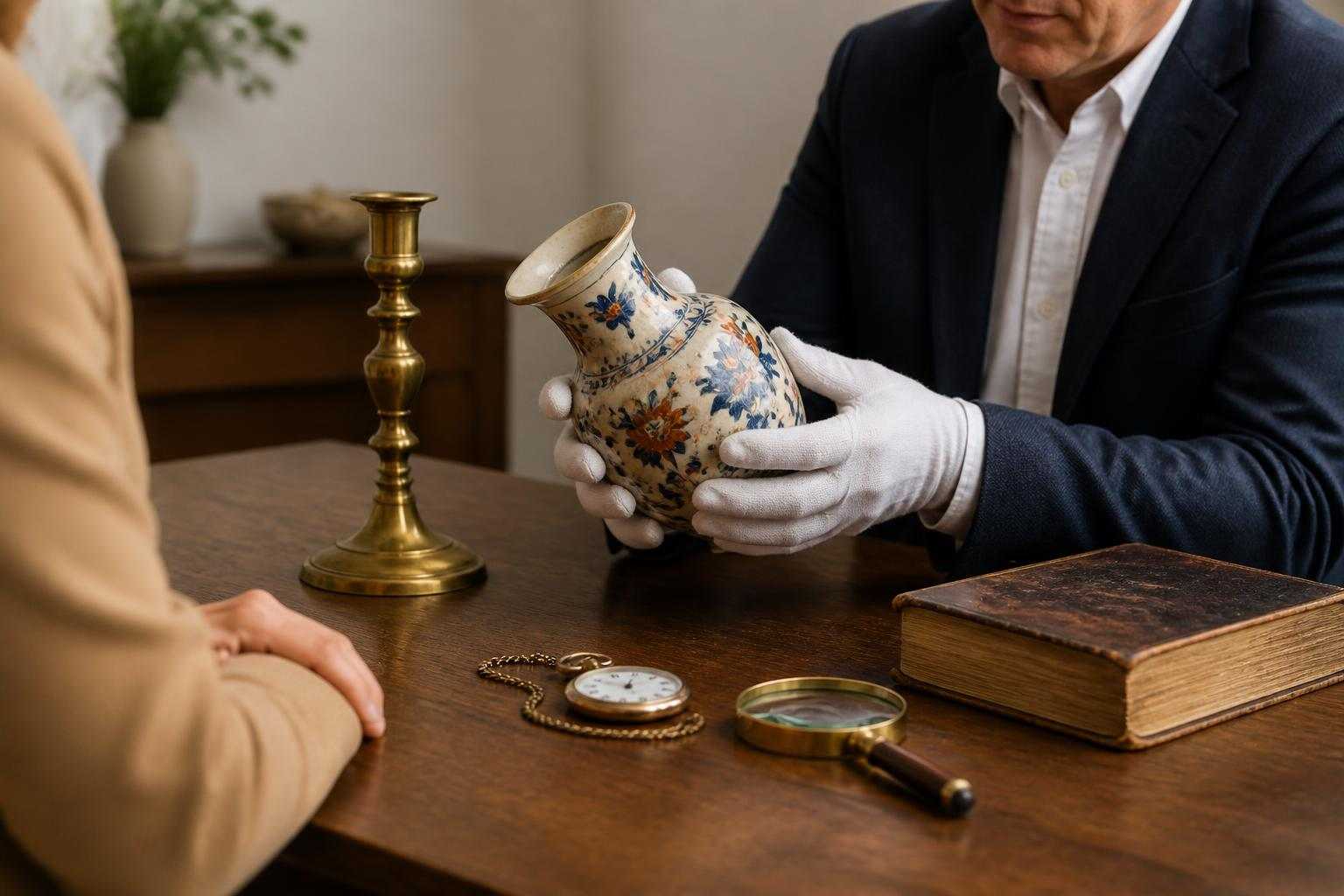 Antike Gegenstände auf einem Tisch mit Lupe für die Wertermittlung