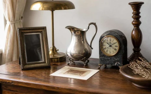 Assorted antique items arranged on a wooden table for appraisal research
