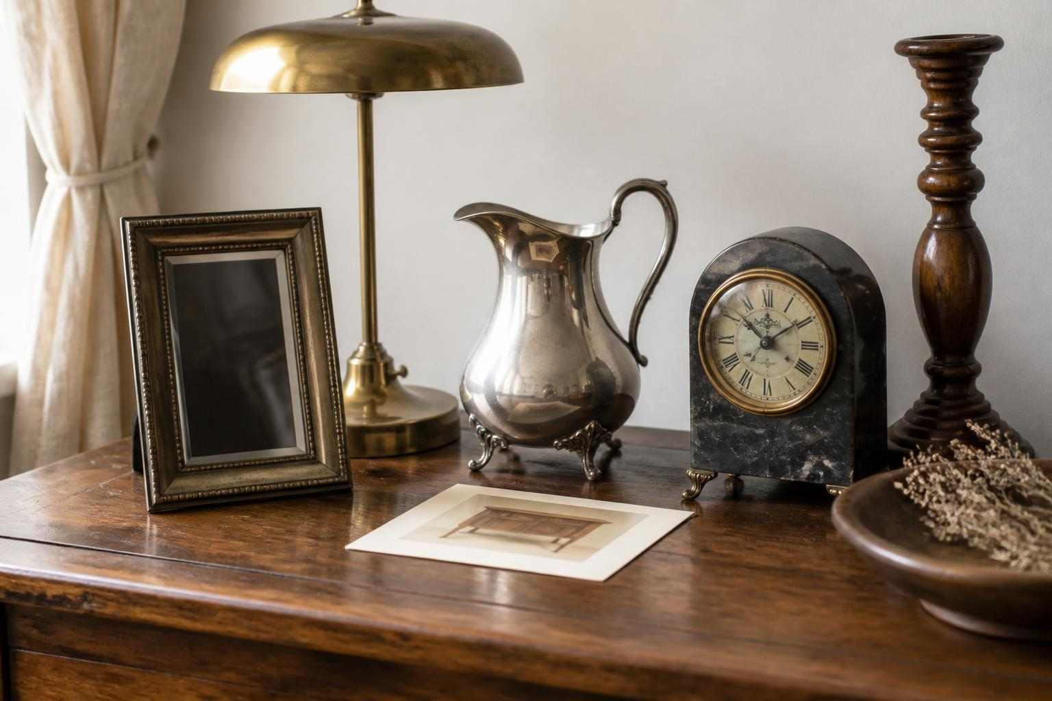 Assorted antique items arranged on a wooden table for appraisal research