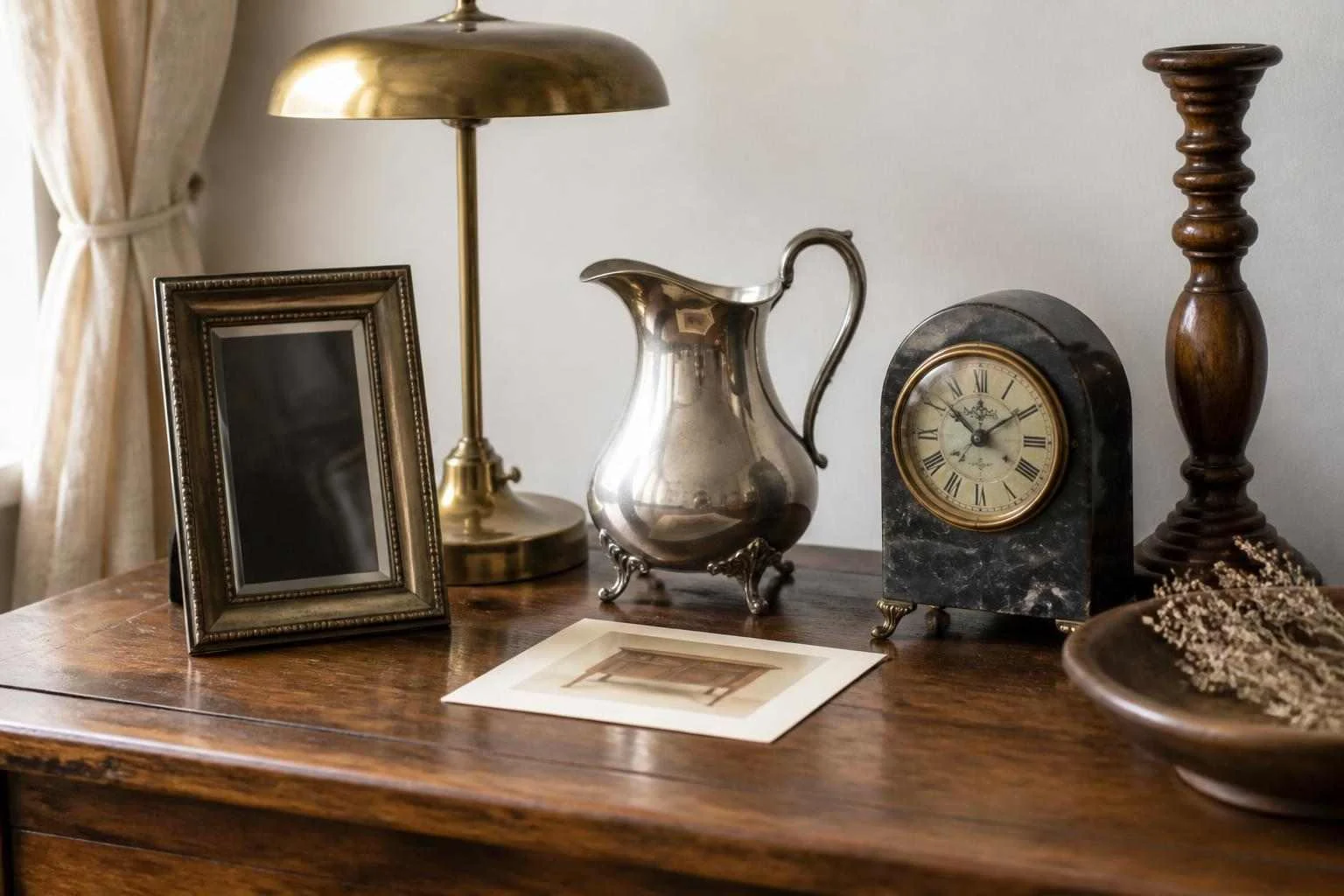 Assorted antique items arranged on a wooden table for appraisal research