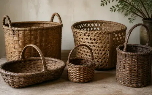 Assorted antique woven baskets displayed on a neutral wooden table