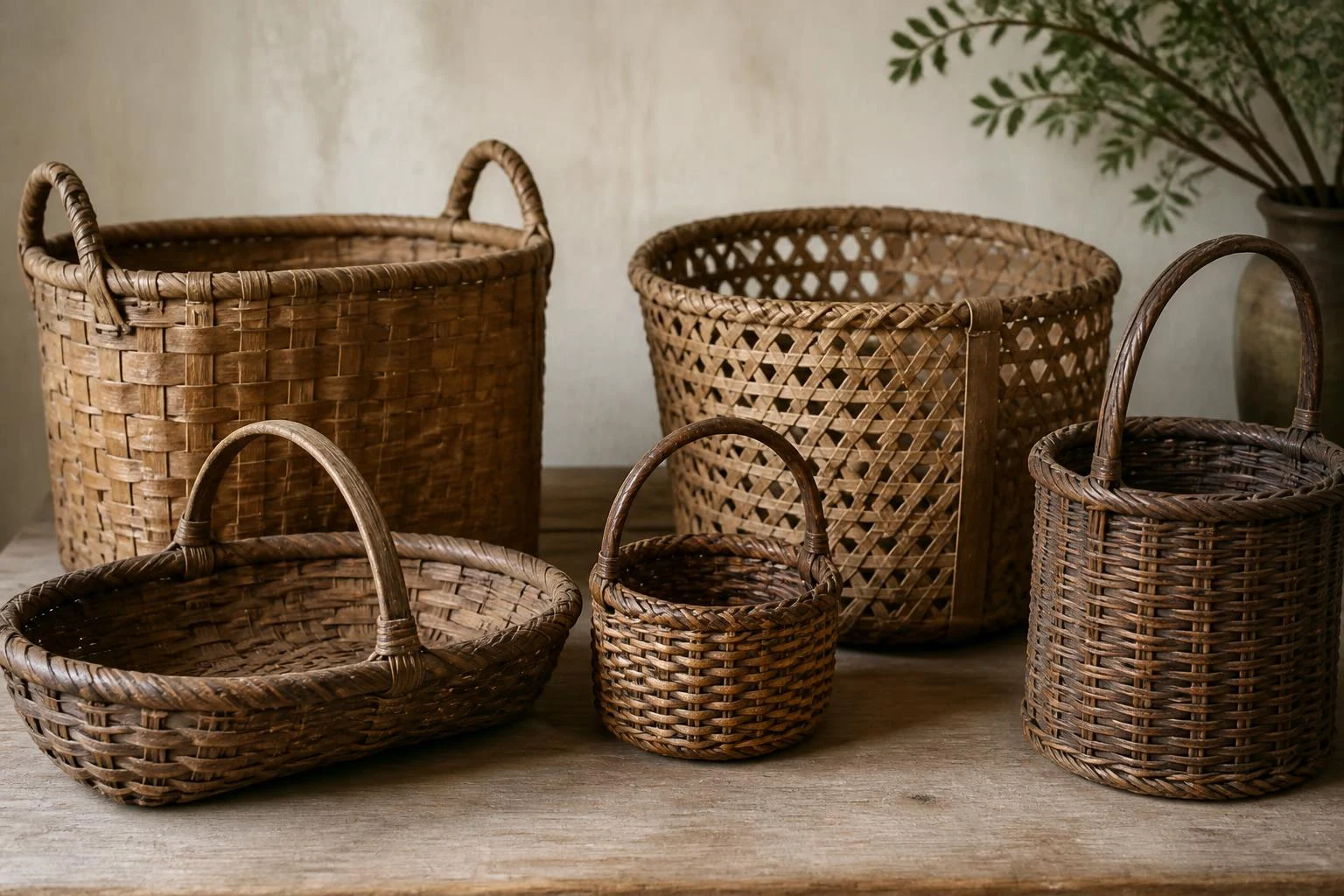 Assorted antique woven baskets displayed on a neutral wooden table