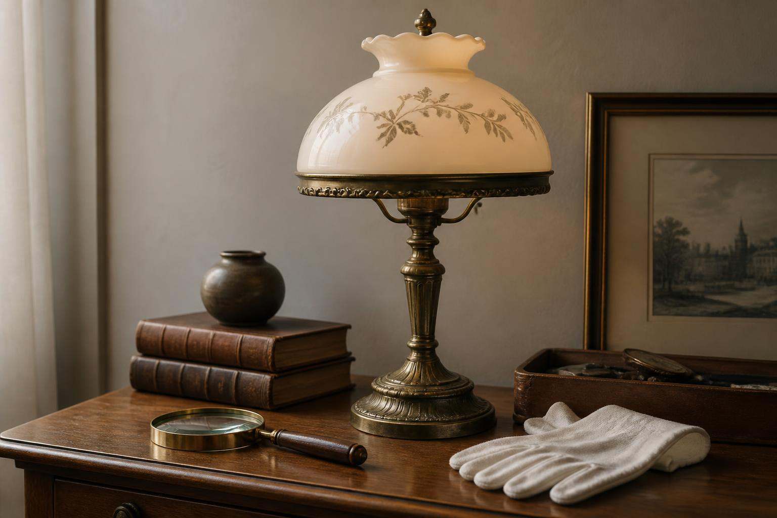 An antique lamp displayed with appraisal tools for value research