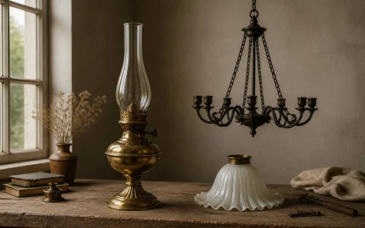 Antique lamp and chandelier arranged on a workbench for appraisal