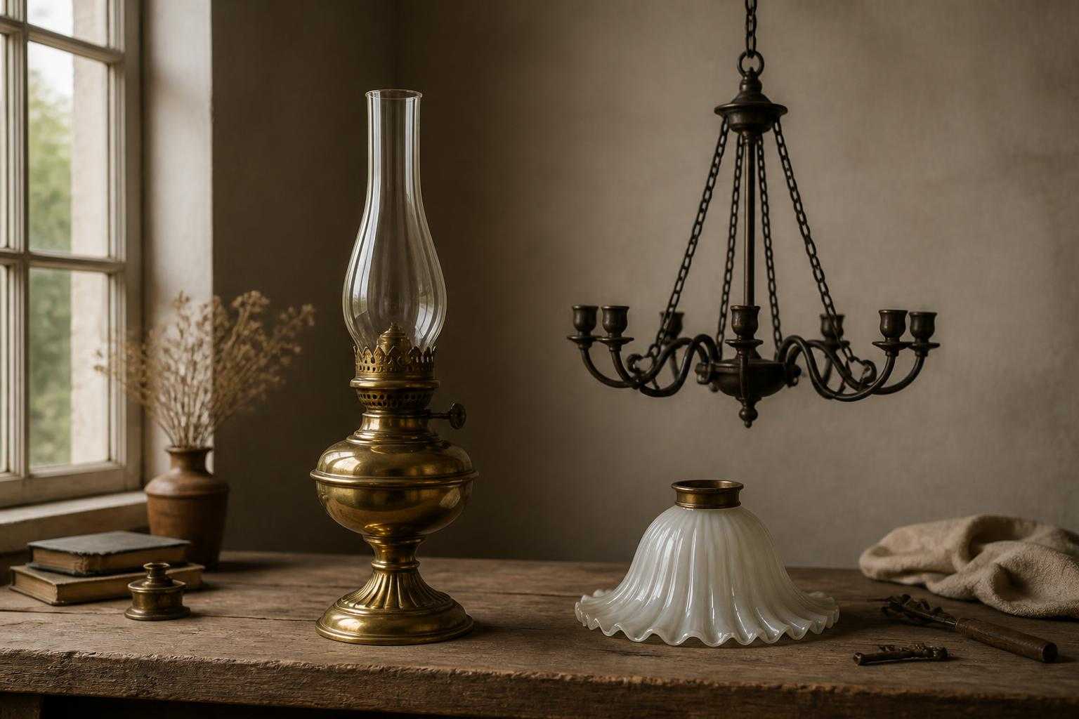 Antique lamp and chandelier arranged on a workbench for appraisal