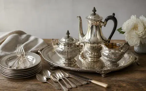 Vintage silver tea set and flatware arranged on a wooden table