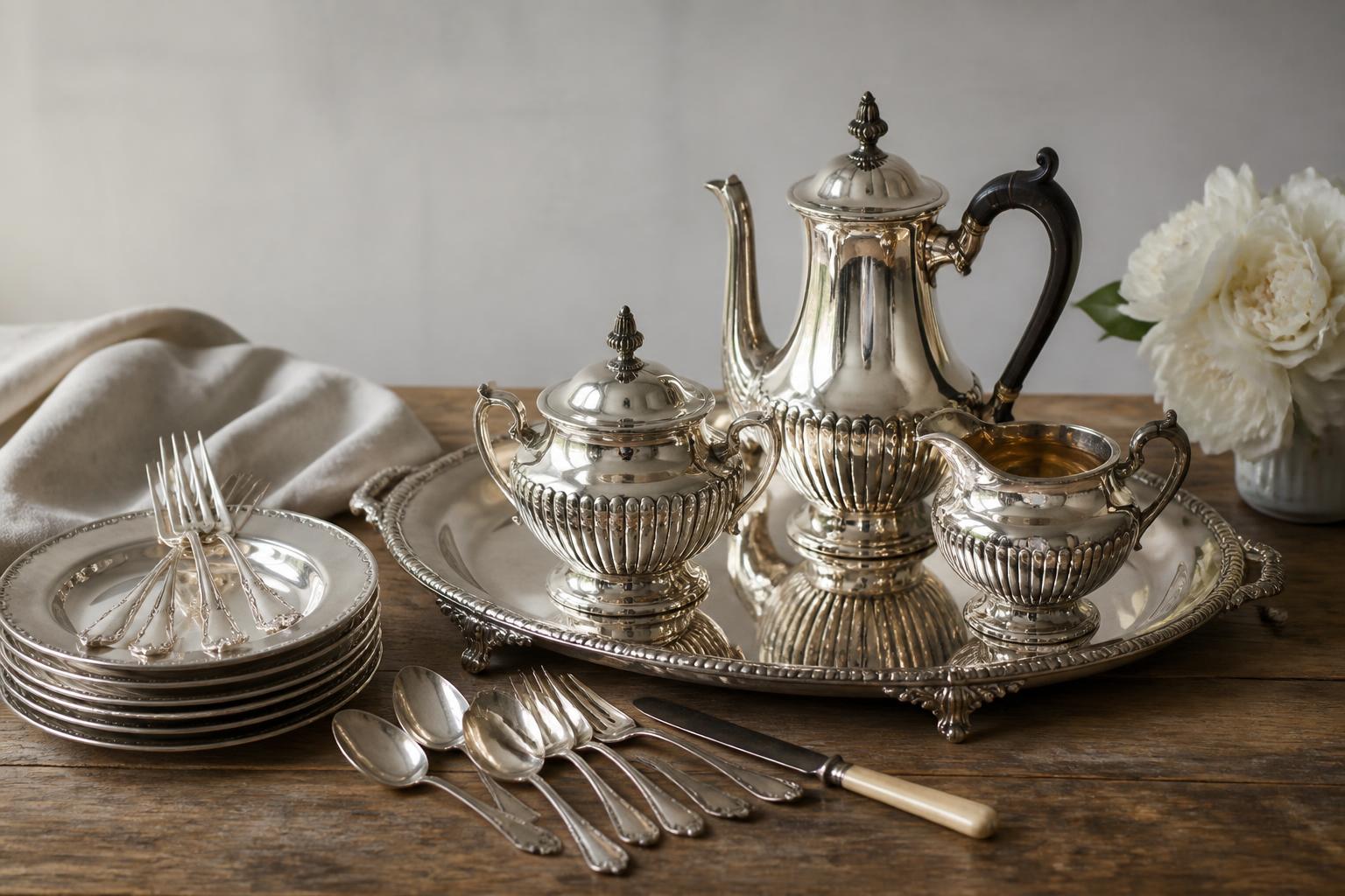 antique silver appraiser: Vintage silver tea set and flatware arranged on a wooden table