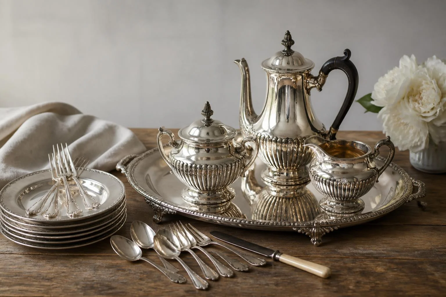 Vintage silver tea set and flatware arranged on a wooden table