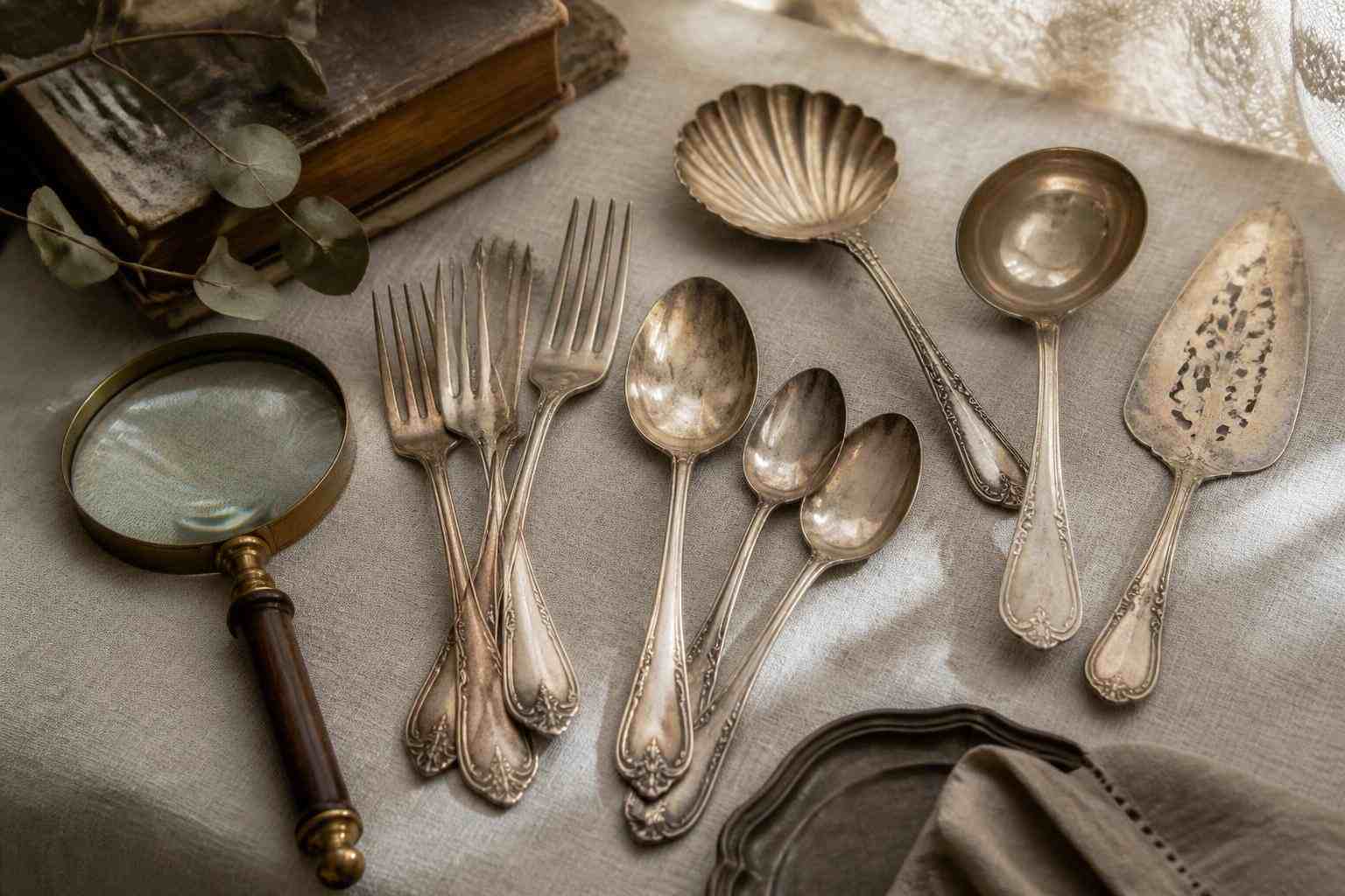 Antique silverware arranged on a table for appraisal review