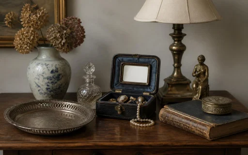 Assorted antiques and collectibles arranged on a wooden table for appraisal