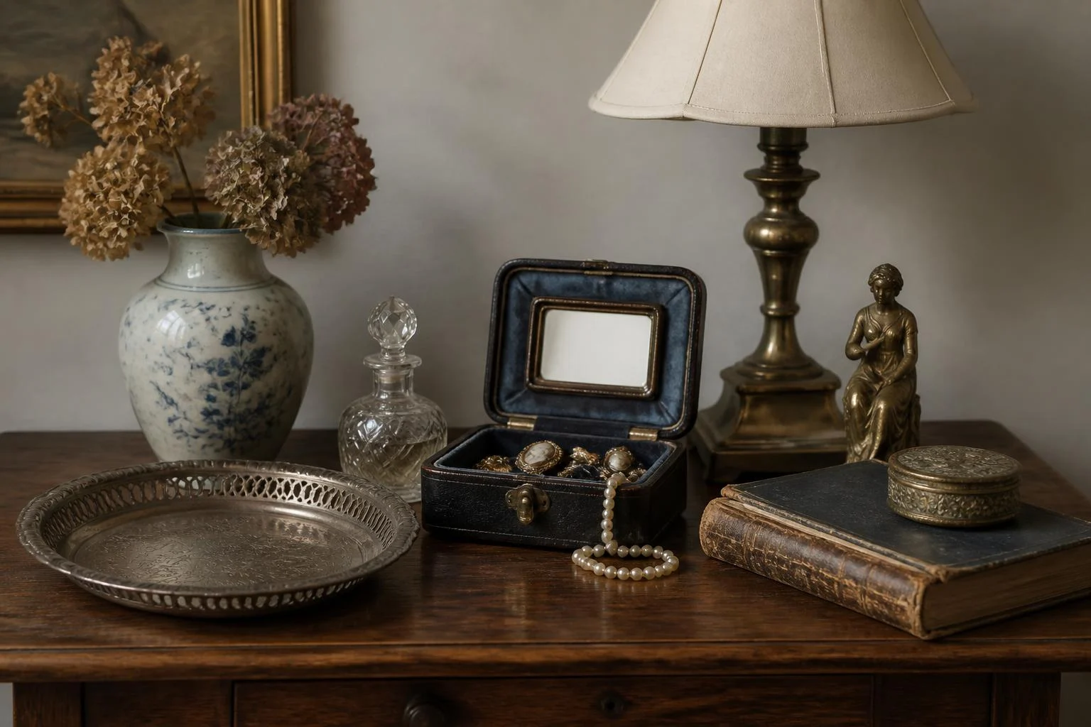 Assorted antiques and collectibles arranged on a wooden table for appraisal