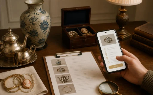 Vintage antiques arranged beside a smartphone for online appraisal comparison
