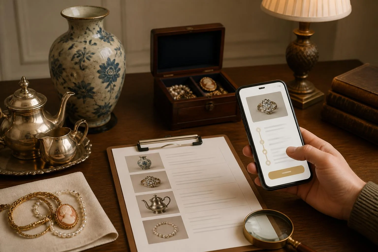 Vintage antiques arranged beside a smartphone for online appraisal comparison
